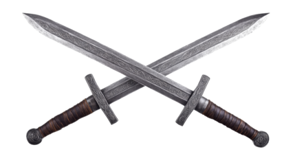 Two crossed swords with ornate engravings on transparent background