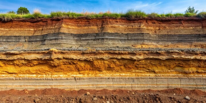 A cross-section view of the underground soil layer with varying textures and colors of clay, silt, and sandstone formations