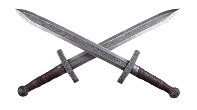 Two crossed swords with ornate engravings on transparent background
