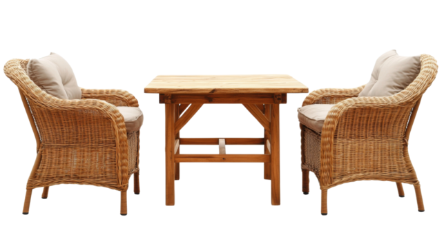 Two rattan armchairs with cushions and wooden table on transparent background