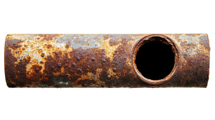 Rusty metal pipe with hole showing transparent background