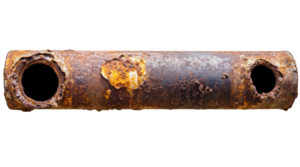 Rusty perforated pipe showing corrosion and decay on transparent background