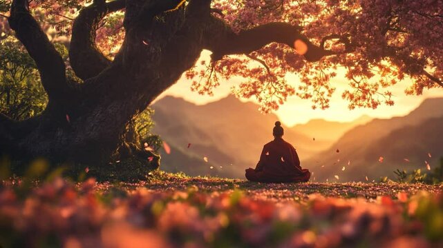 Monje meditando bajo un &aacute;rbol, mientras hojas caen del &aacute;rbol en un atardecer con luz dorada, movimiento cinematogr&aacute;fico lento