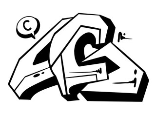 digital letter c, digital font c with cool graffiti style and black and white color
