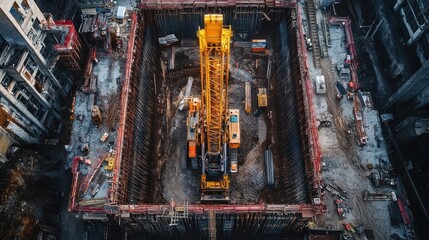 Aerial view of construction site with crane in deep foundation excavation.