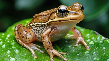 Obraz premium A frog sitting on a green leaf covered in raindrops, capturing the beauty of nature during the rainy season.