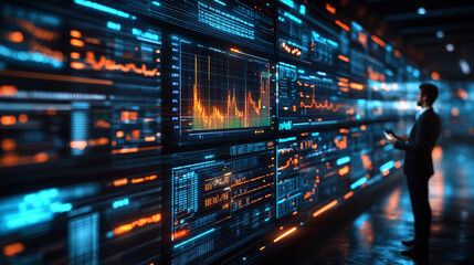 Multiple screens showing financial charts and data analysis in a high-tech environment, symbolizing chaos, modern technology, and the fast-paced nature of financial markets, with empty space for capti