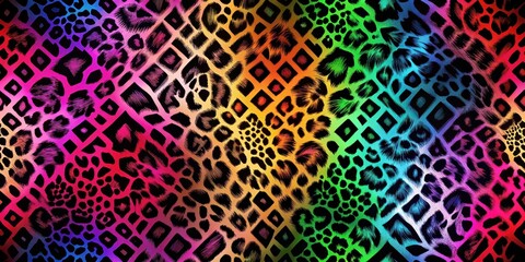 Colorful leopard print with bright neon hues on a dark black background, night, geometric,  night, geometric, shadow,leopard, vibrant