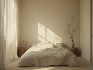Sunlit Minimalist Bedroom With White Linen Bedding