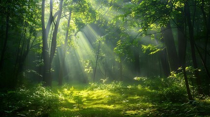 Obraz premium Sunlight streams through the leaves of a dense forest, creating a magical atmosphere.
