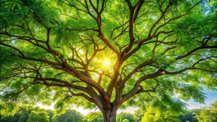 Fototapeta premium Neem tree with sprawling branches and vibrant green foliage, set against a warm sunny background, evoking feelings of nature's serenity and rejuvenation , landscape, neem tree