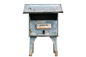 Rustic old mailbox, outdoors, white background, postal service