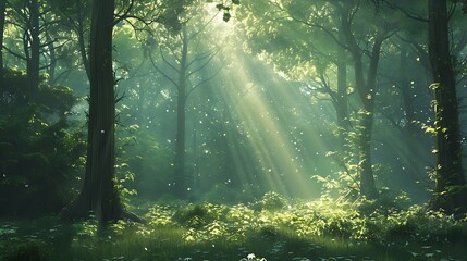 Obraz premium Mystical forest bathed in sunlight, creating an ethereal atmosphere Perfect serenity.