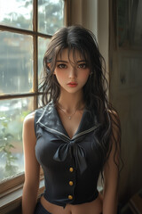 Fototapeta premium woman, jeans, beauty, fashion, hair, model, bra, body, person, slim, people, brunette, studio, glamour, sensuality, one, lady, black, blue, style, lingerie, skin, smile, hot, pants, dress, skirt, blon