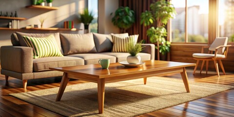 Fototapeta premium Sleek, 3D-rendered wooden coffee table; blurred background highlights a stylish, modern lounge room interior.