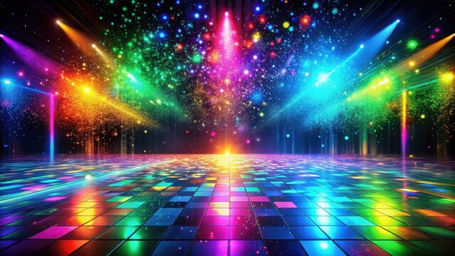 Vibrant disco dancefloor with colorful moving splash effects in a darkened room , vibrant, energetic,  vibrant, energetic, dancefloor
