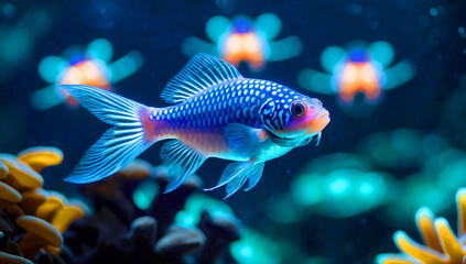 Fototapeta premium A close-up of a Siamese fighting fish , its tiny body glowing with bright blue spots