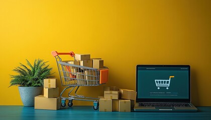 Shopping cart, packages, laptop on desk, yellow wall, online order