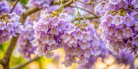 Fototapeta premium Close-up of light purple bell-shaped paulownia tree flowers in a courtyard, blossoms