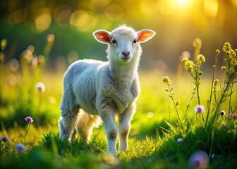 Fototapeta premium Spring's gentle sun warms a fluffy lamb in a green field.