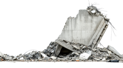 Destroyed concrete wall with debris pile on transparent background