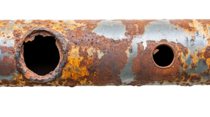 Corroded metal pipe showing holes and rust damage on transparent background