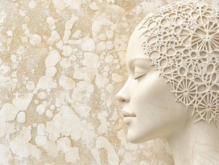 Serene Sculpture: A Beige Lace-Adorned Head, Embodied Tranquility against a Textured Background.