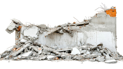 Destroyed concrete wall with debris pile isolated on transparent background