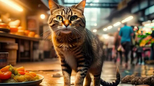 Stray cat looking for food at a food market