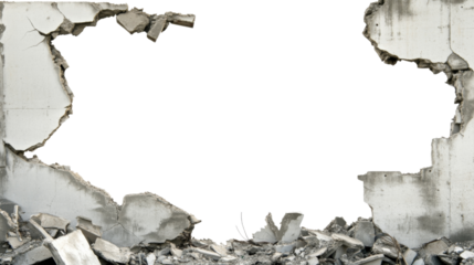 Broken concrete wall with transparent background revealing destruction