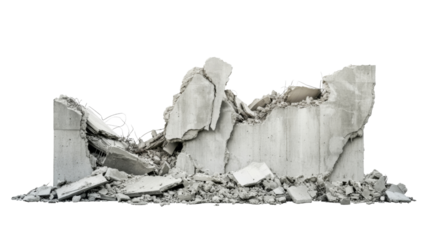Destroyed concrete wall with rubble isolated on transparent background