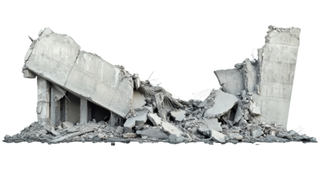Destroyed concrete building isolated on transparent background