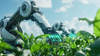 Fototapeta premium A high-tech farming system with robotic arms harvesting crops.