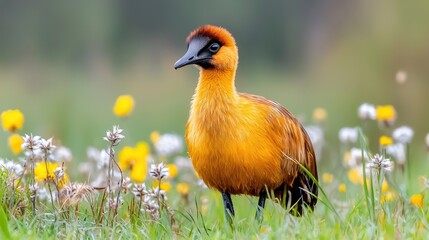 Naklejka premium Orange bird in field of flowers, nature background; wildlife photography