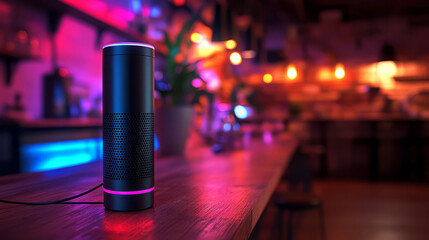 A modern smart speaker with colorful LED lights in a cozy bar setting at night.