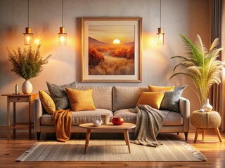 Stylish frame complements a cozy living room mockup, featuring warm hues and a peaceful atmosphere.