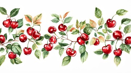 Watercolor painting of ripe cherries on branches with leaves