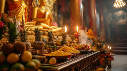 Buddhists prepare offerings of fruits and traditional foods in front of the altar, Ai generated images