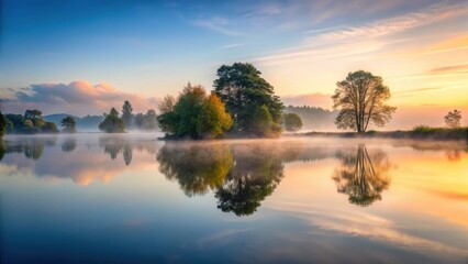 Obraz premium Misty Irish lake before sunrise with trees reflected in calm water