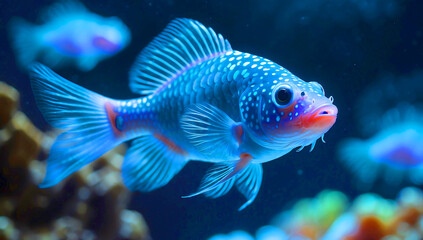 Naklejka premium A close-up of a Siamese fighting fish , its tiny body glowing with bright blue spots