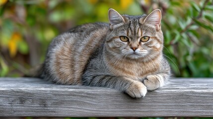 Obraz premium Gray tabby cat relaxing outdoors on wood.