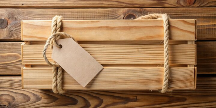 Product Label on Wooden Crate, string tied, object,  string tied, object, crate, alone,label, item, shipping, goods