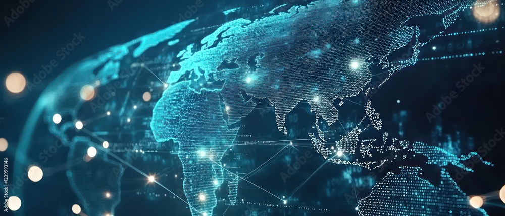 Poster digital world map with glowing connections and data flow