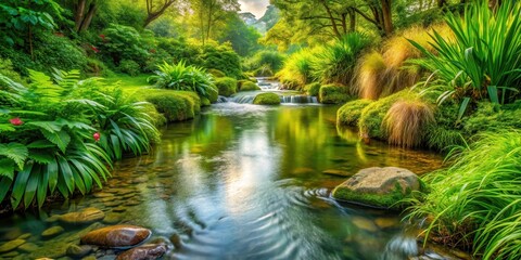 Detailed close-up of a serene stream surrounded by lush greenery and vibrant aquatic plants, showcasing the beauty of nature's tranquility, reflection, natural scenery