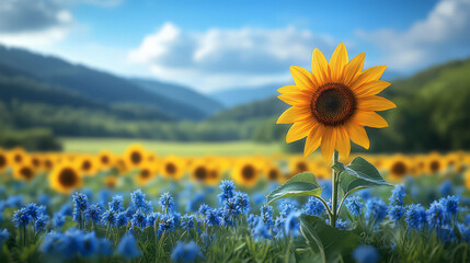 Obraz premium A vibrant sunflower stands tall amidst a field of blue flowers against a scenic backdrop.