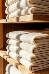 Stacked cream colored towels on wooden shelves