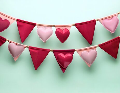 Festive Valentine's Day decorations: Pink and red bunting, heart designs adorning a festive background.