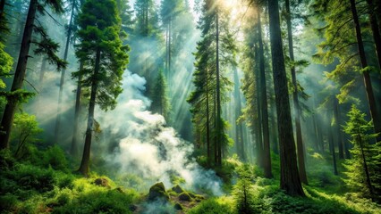 Obraz premium A serene forest with towering trees and lush greenery surrounding clean lungs, while smoke gently floats above them in the atmosphere , air quality, smoke