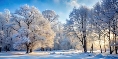 Naklejka premium Snowy forest landscape with bare trees and frost-covered branches, snow covered trees, beautiful winter landscape