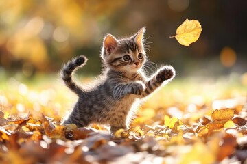 Fototapeta premium playful kitten exploring autumn leaves in golden sunlight